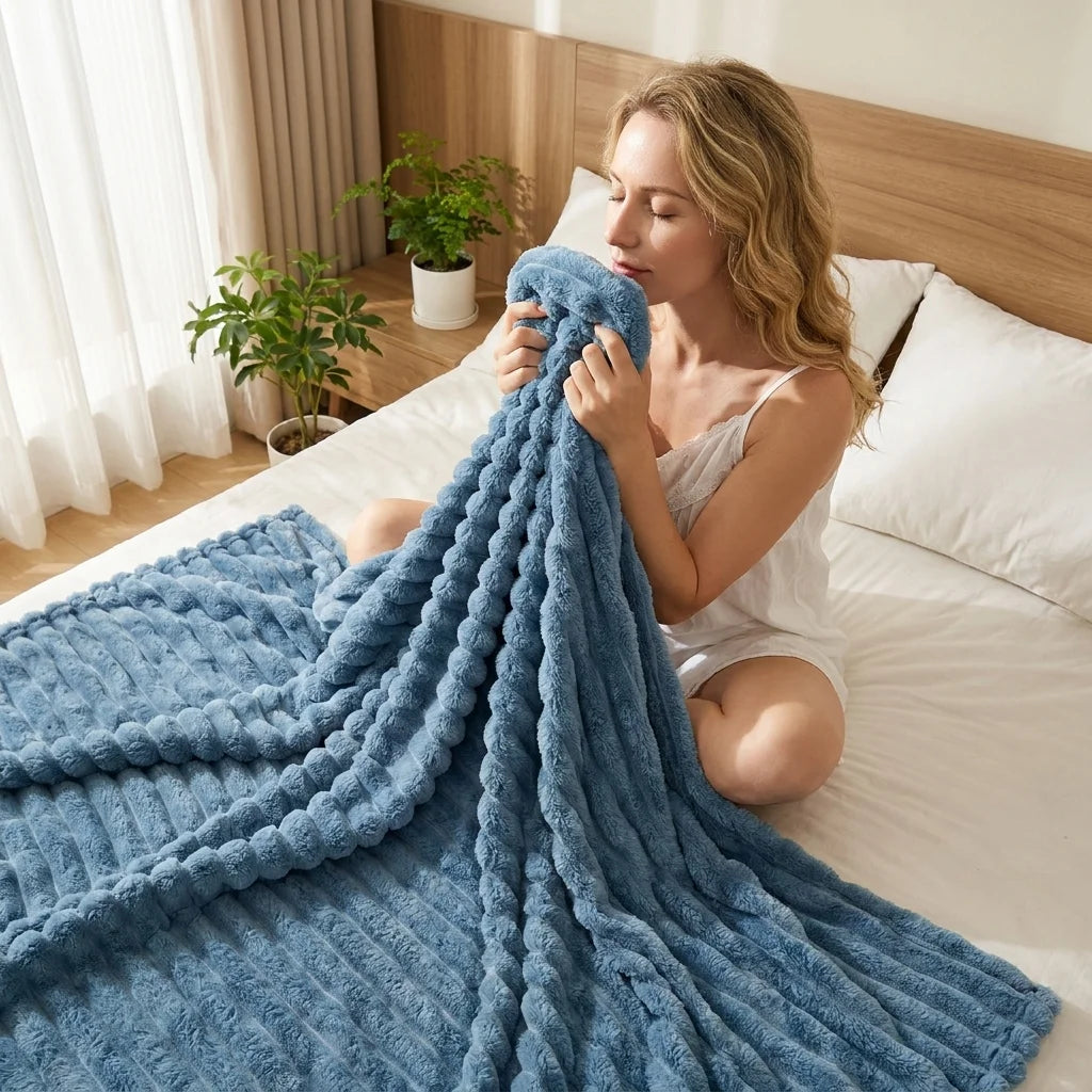 Ribbed Fleece Blanket – Soft Warm Plush Throw for Twin/Full/Queen/King Bed, Sofa & Home Decor