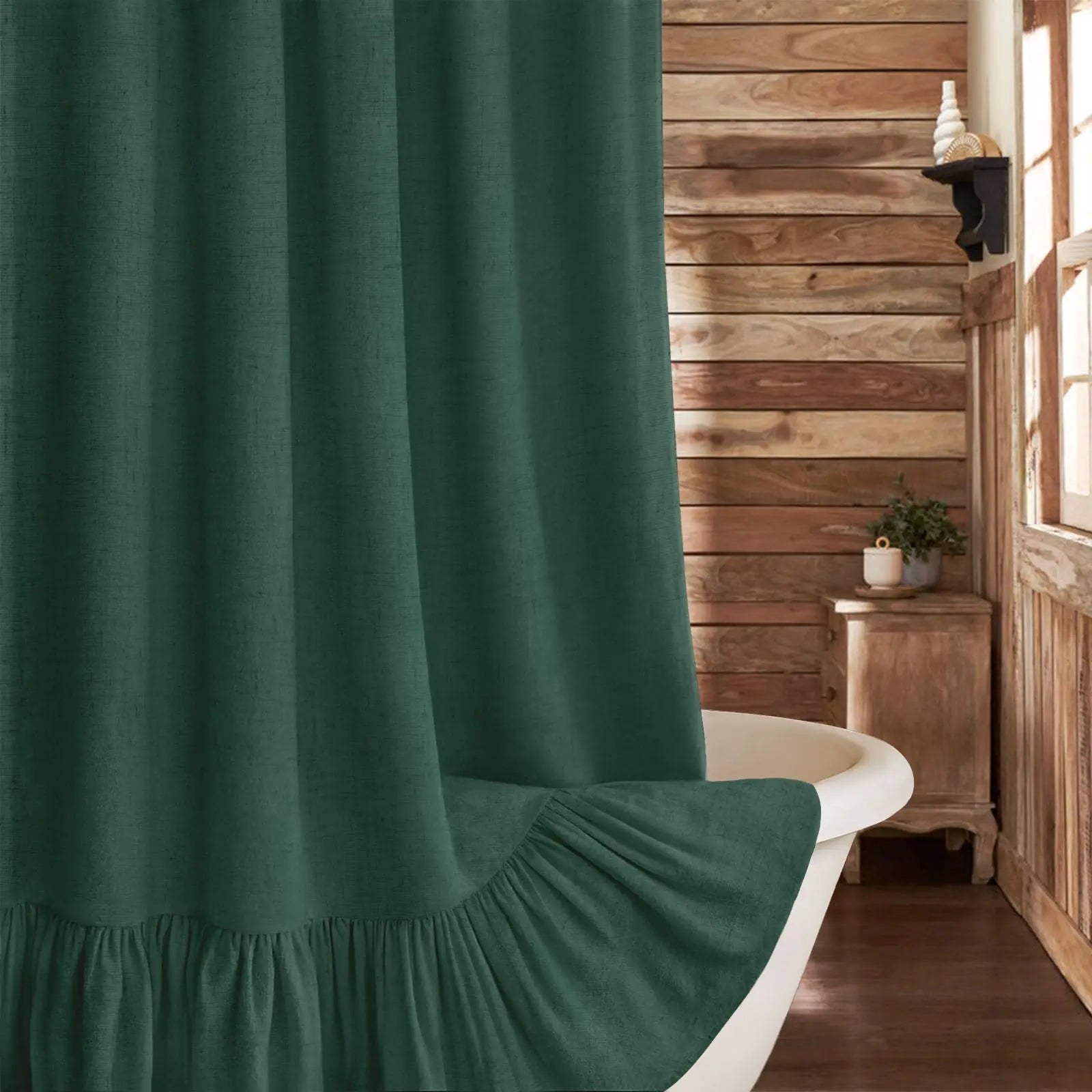 Farmhouse Linen Shower Curtain with Ruffle Hem – Beige Boho Rustic Bathroom Decor, 72" W x 72" L