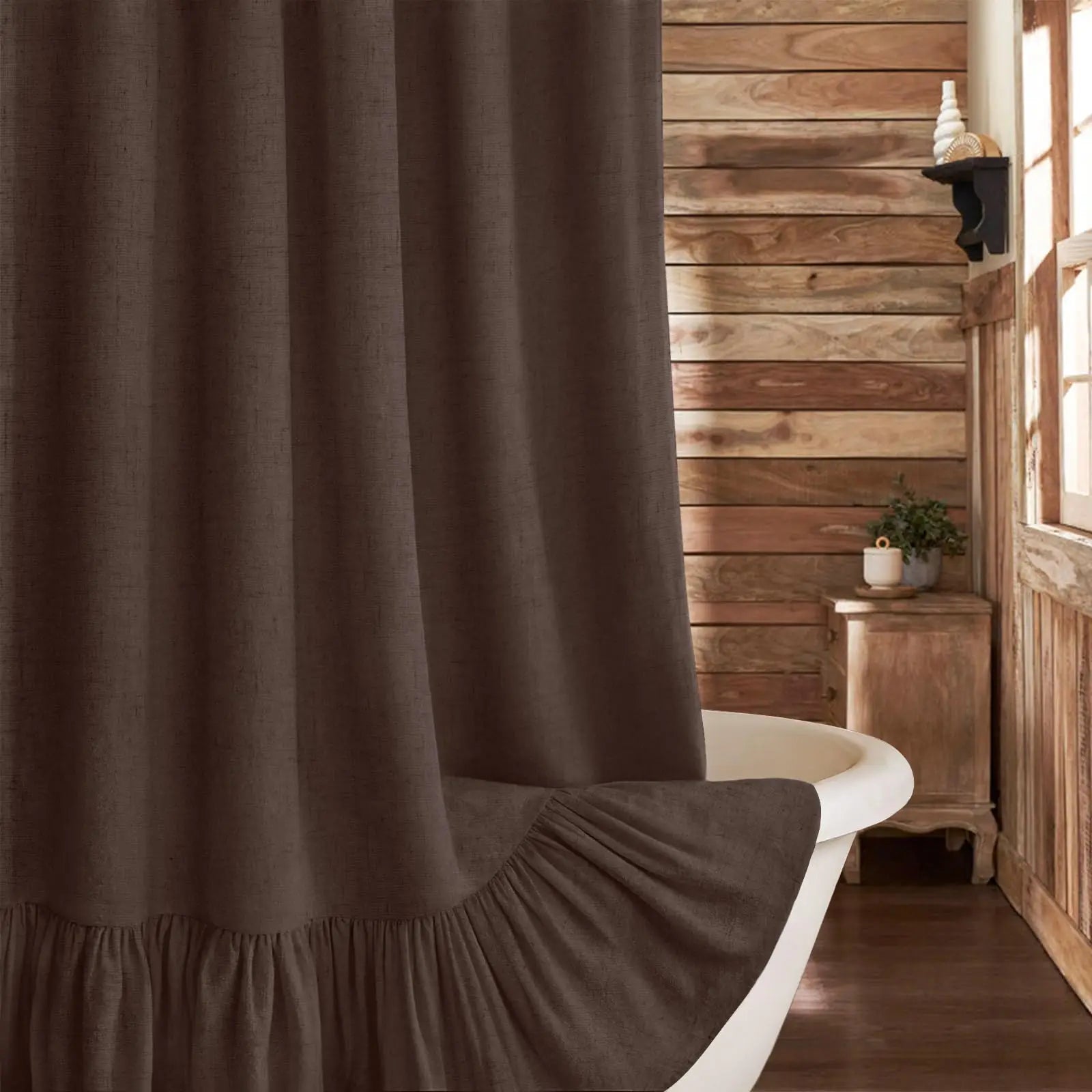 Farmhouse Linen Shower Curtain with Ruffle Hem – Beige Boho Rustic Bathroom Decor, 72" W x 72" L