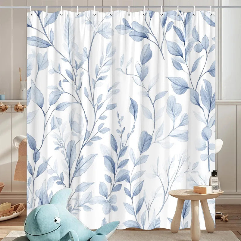Elegant Blue Watercolor Leaf Shower Curtain – Large Botanical Print, 2D Flat Design, Durable Polyester, 70" x 70"