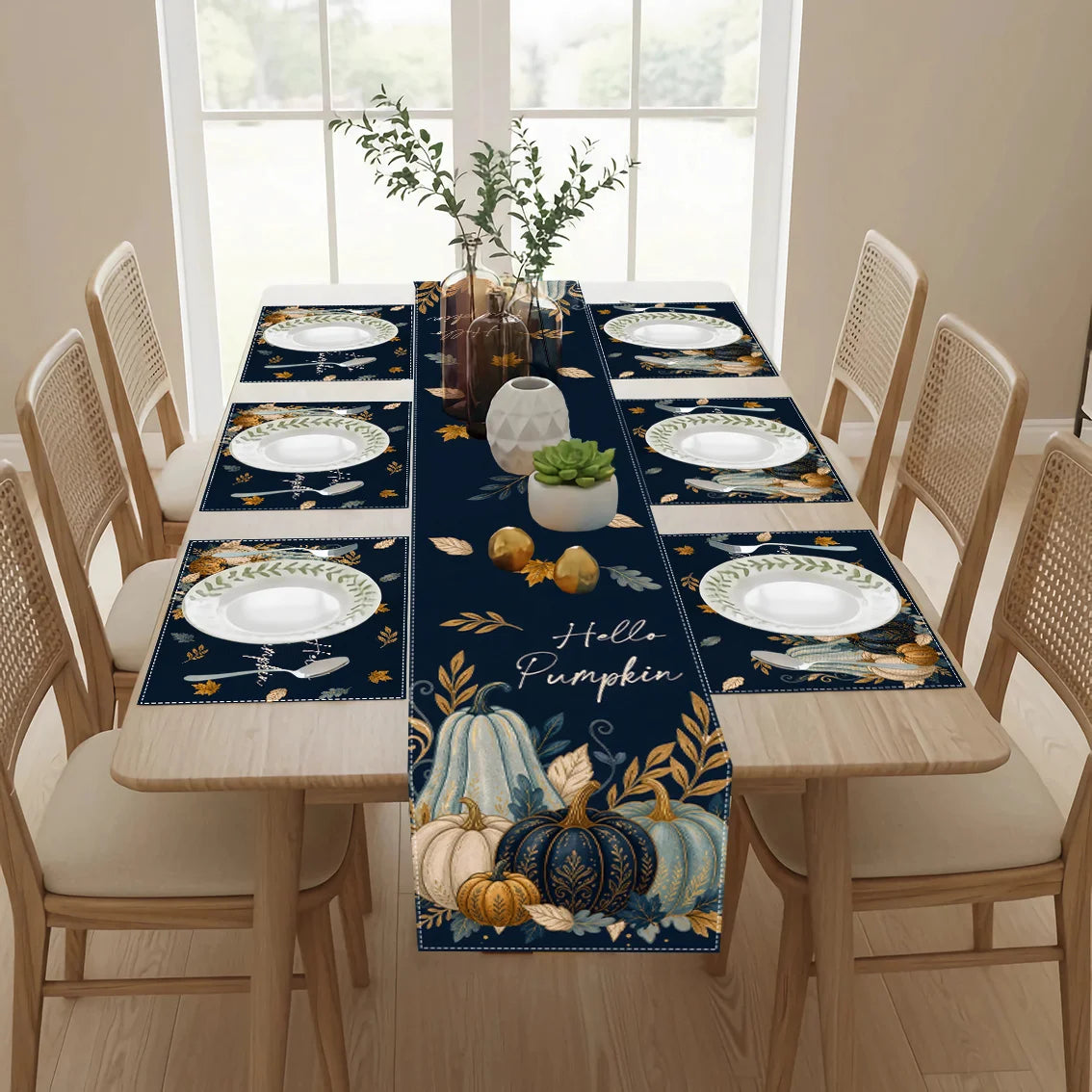Hello Pumpkin Table Runner & Placemat Set – Available in 1, 4, 5, or 7 pieces. Features elegant navy blue watercolor pumpkins with golden leaf accents, perfect for adding a cozy, stylish touch to your dining table. Ideal for Thanksgiving, fall décor, and