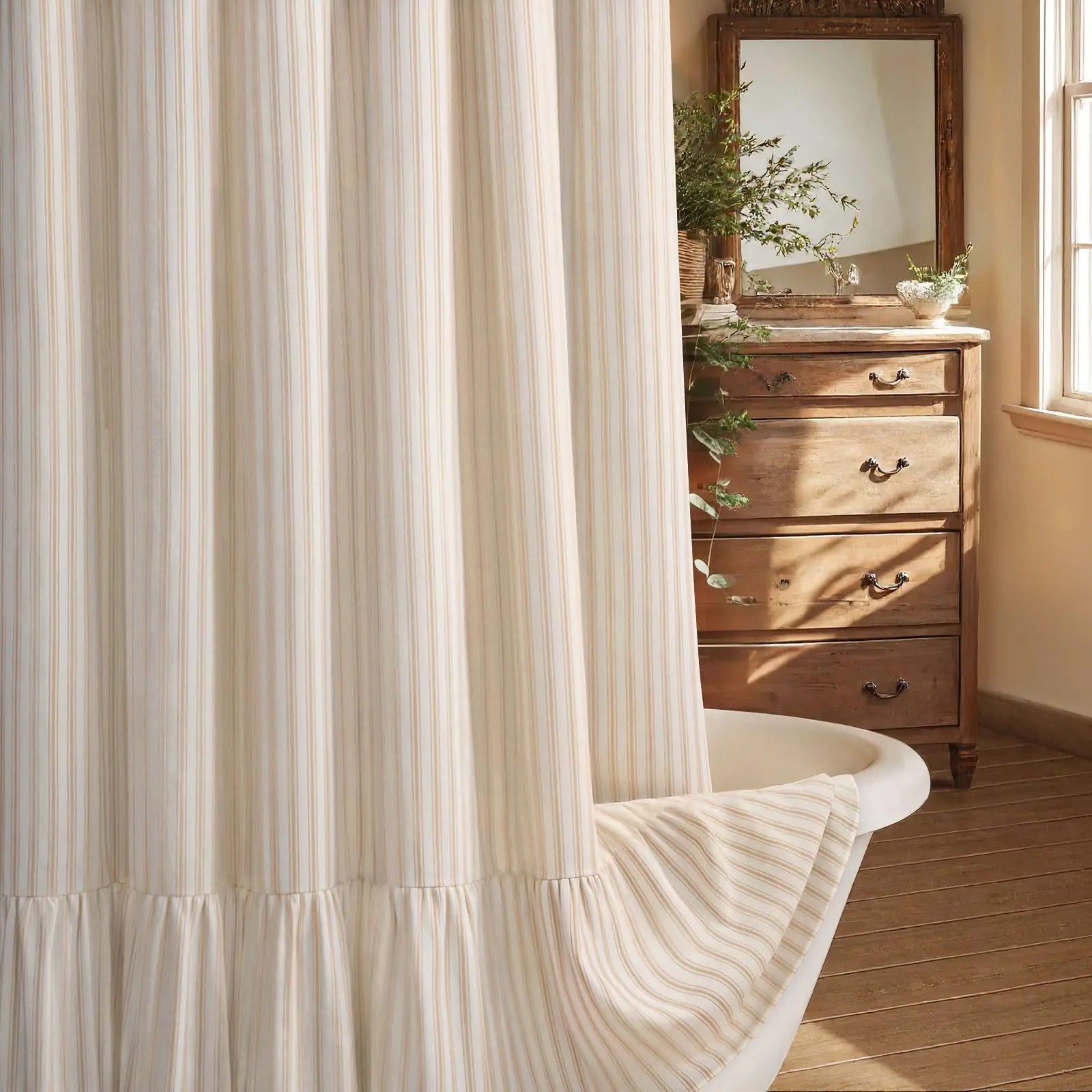 Farmhouse Linen Shower Curtain with Ruffle Hem – Beige Boho Rustic Bathroom Decor, 72" W x 72" L