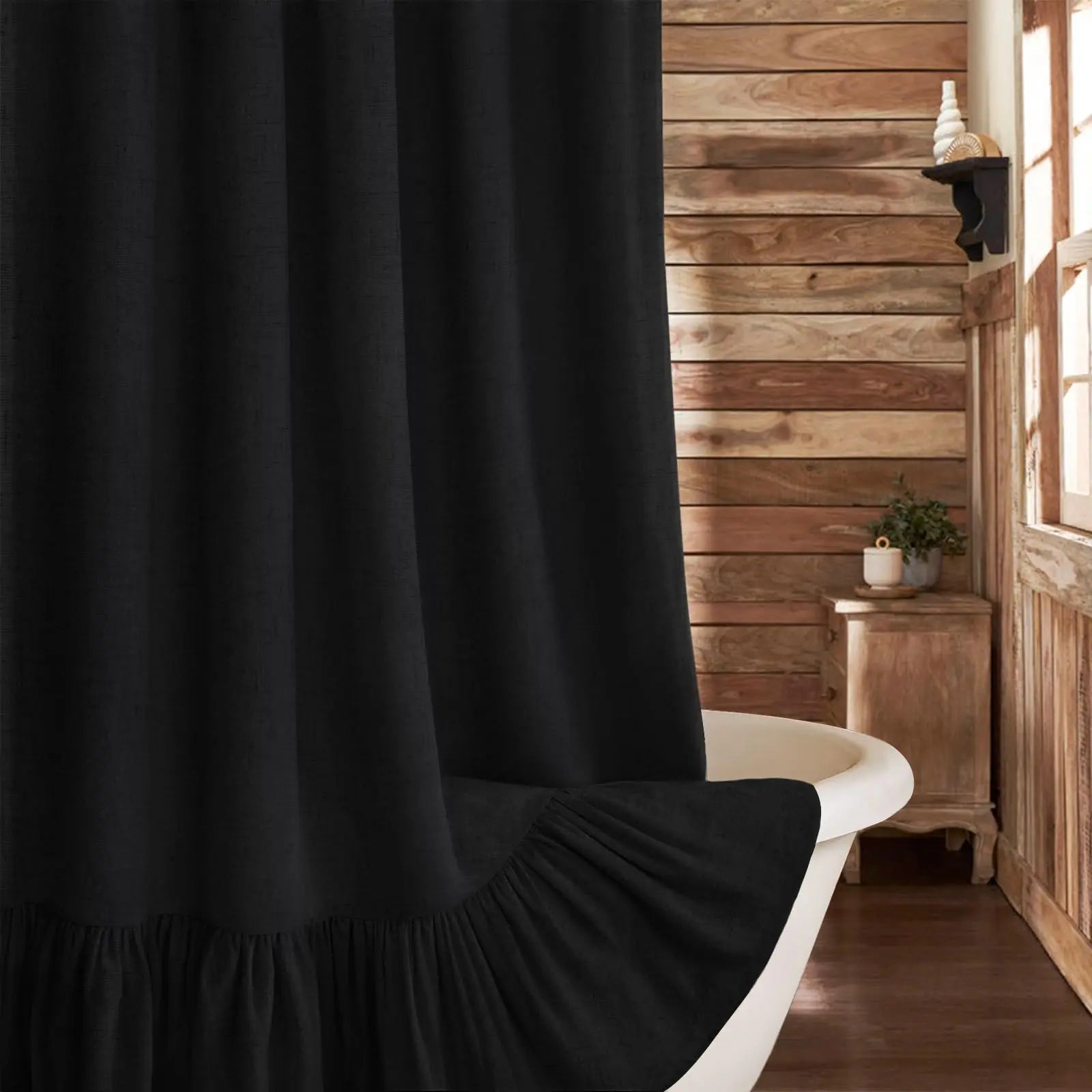 Farmhouse Linen Shower Curtain with Ruffle Hem – Beige Boho Rustic Bathroom Decor, 72" W x 72" L
