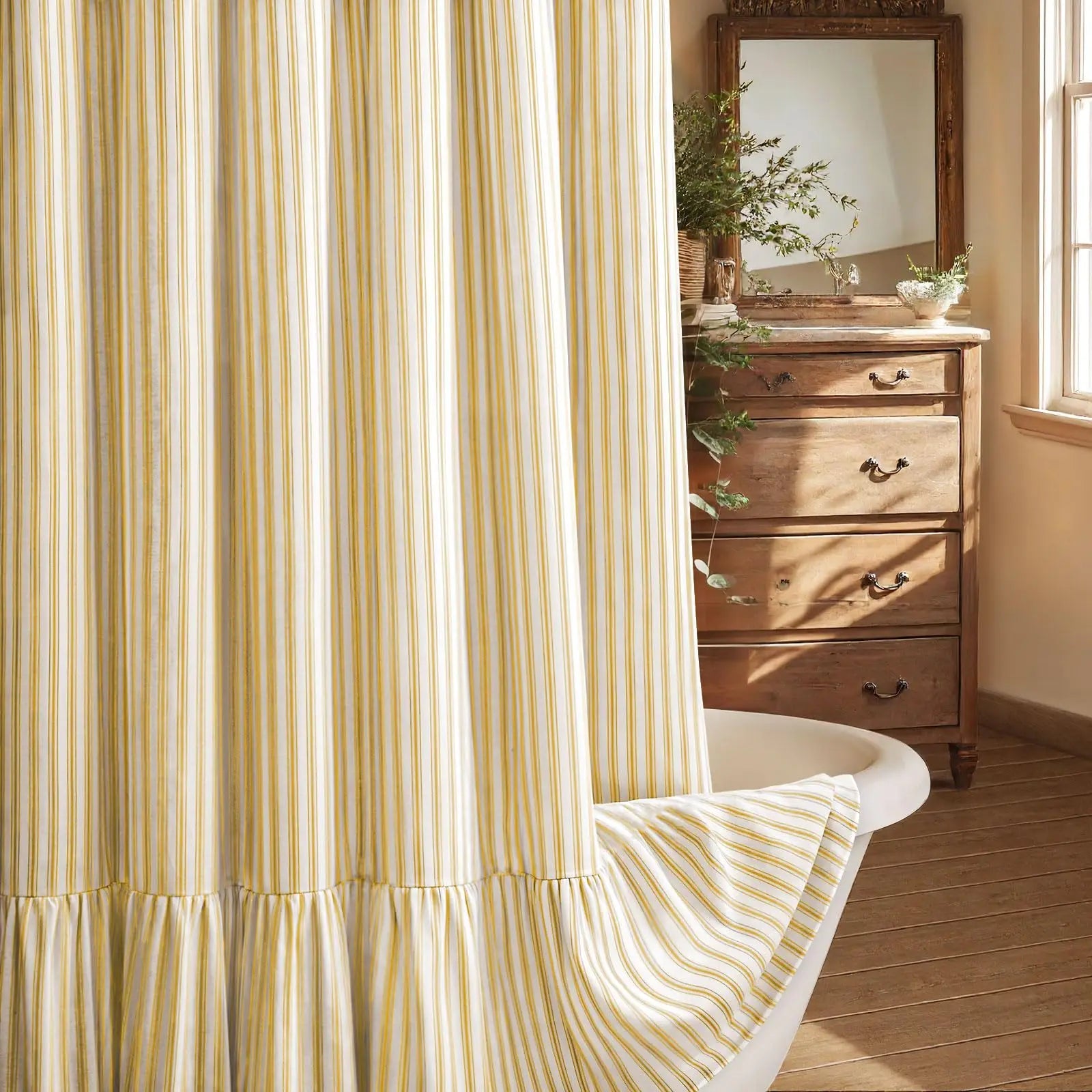 Farmhouse Linen Shower Curtain with Ruffle Hem – Beige Boho Rustic Bathroom Decor, 72" W x 72" L