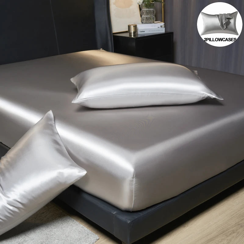 Luxury Satin Fitted Sheet Set - 35cm Height, King/Queen Size, Includes 2 Pillowcases, Timeless Elegance for Discerning Sleep