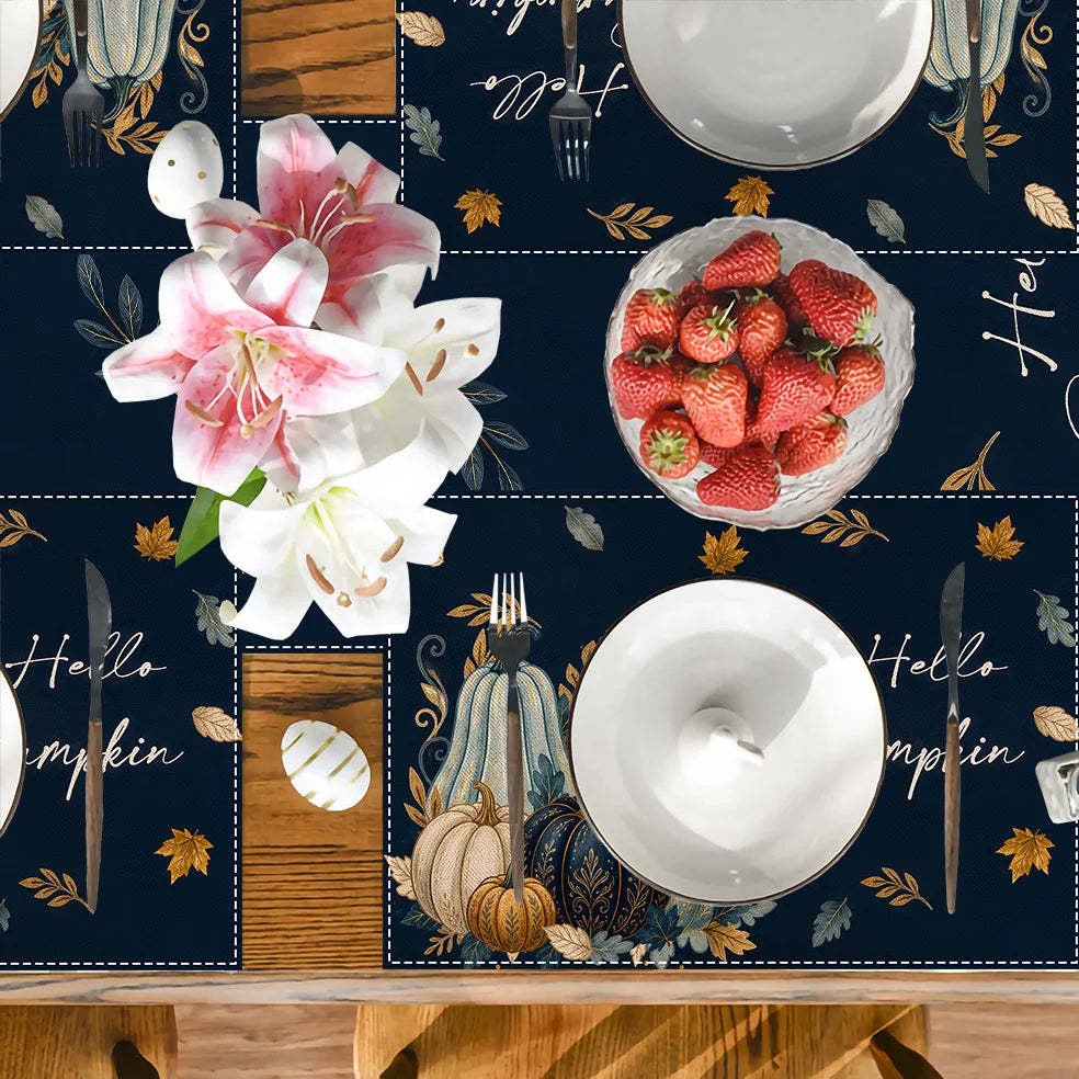 Hello Pumpkin Table Runner & Placemat Set – Available in 1, 4, 5, or 7 pieces. Features elegant navy blue watercolor pumpkins with golden leaf accents, perfect for adding a cozy, stylish touch to your dining table. Ideal for Thanksgiving, fall décor, and