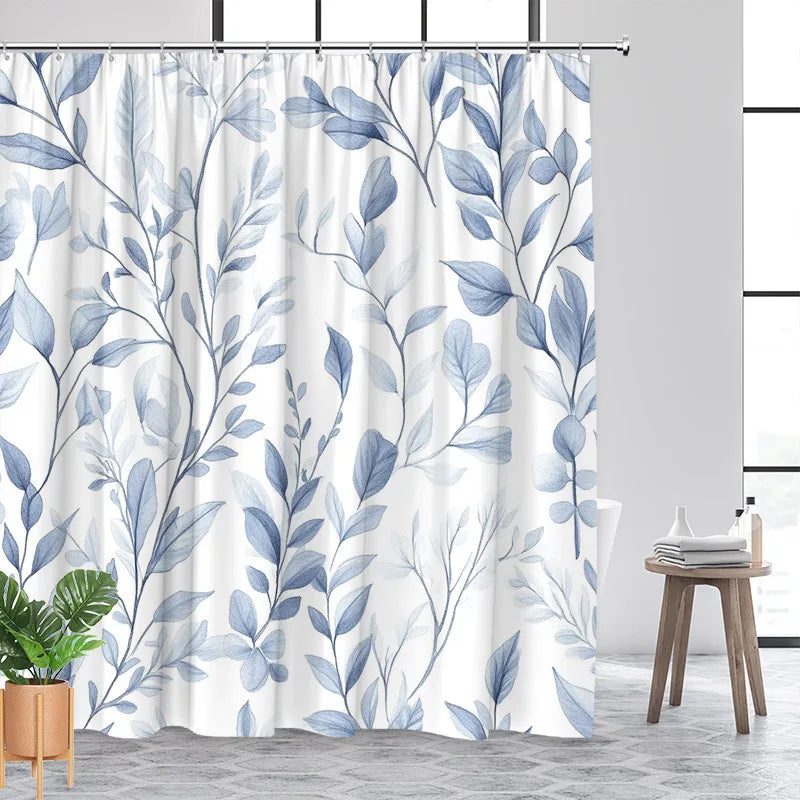 Elegant Blue Watercolor Leaf Shower Curtain – Large Botanical Print, 2D Flat Design, Durable Polyester, 70" x 70"