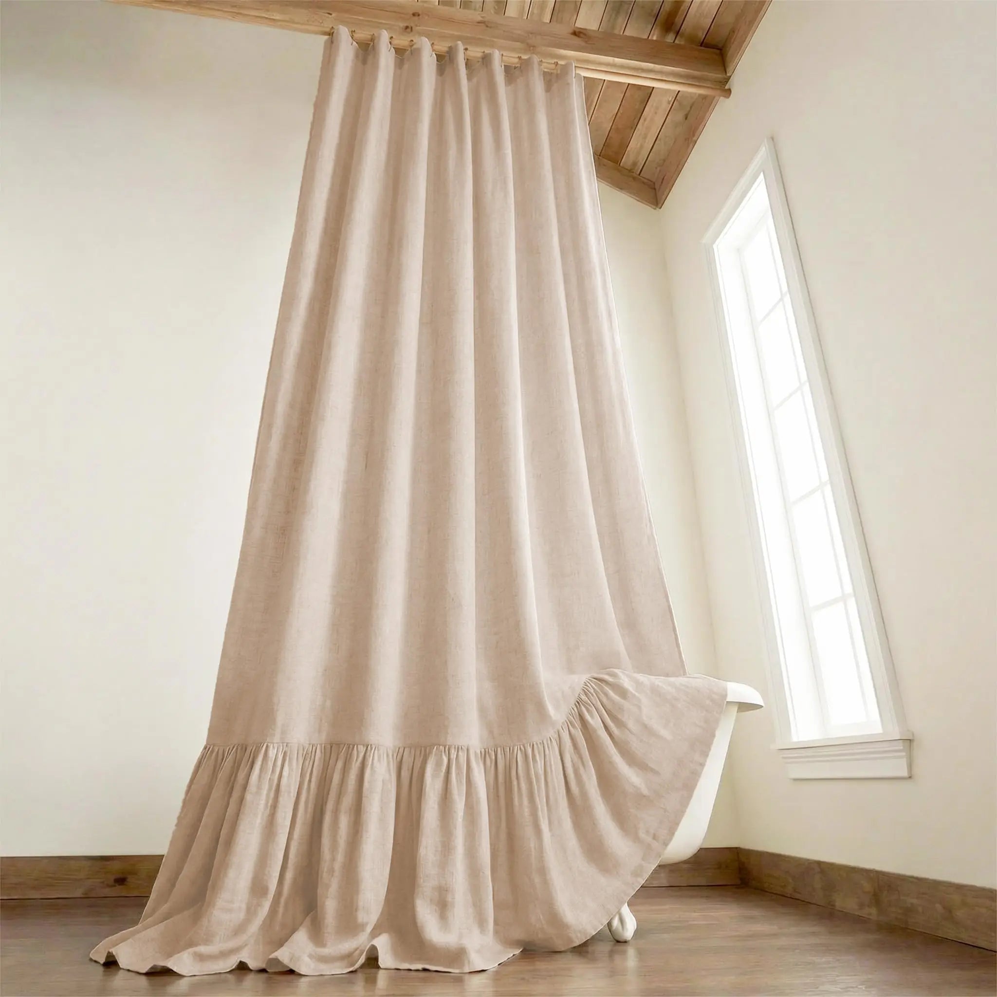 Farmhouse Linen Shower Curtain with Ruffle Hem – Beige Boho Rustic Bathroom Decor, 72" W x 72" L