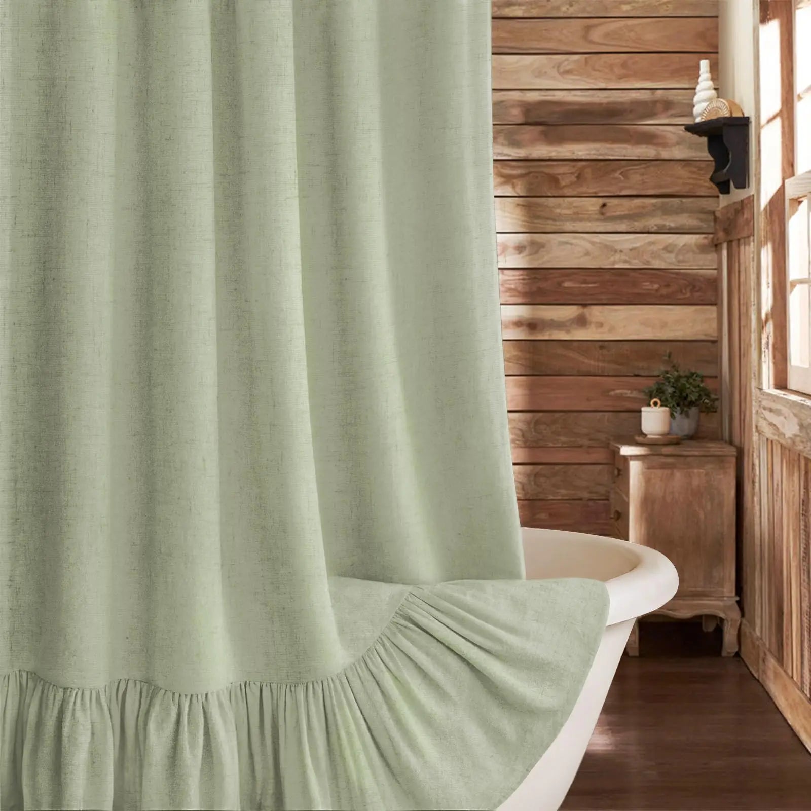 Farmhouse Linen Shower Curtain with Ruffle Hem – Beige Boho Rustic Bathroom Decor, 72" W x 72" L