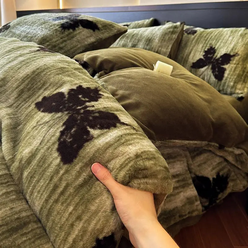 4-Piece Thick Thermal Fleece Bedding Set – Class A Rabbit Plush & Coral Fleece, Leopard Print Quilt Cover, Bed Sheet & Pillowcases