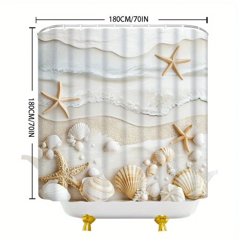 Elegant Coastal Shower Curtain with Beach Waves, Starfish & Seashells – 3D Print Waterproof Bathroom Decor