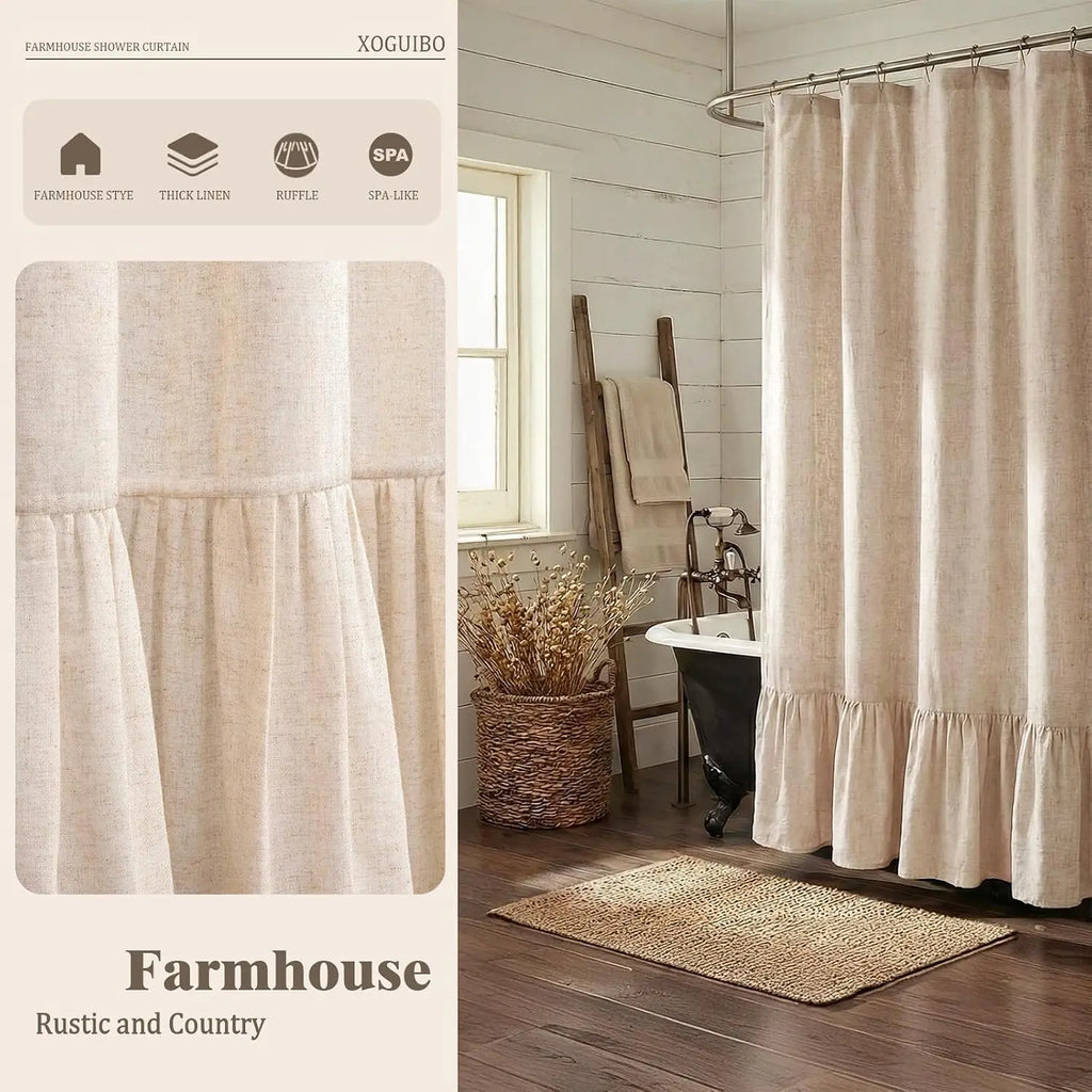 Farmhouse Linen Shower Curtain with Ruffle Hem – Beige Boho Rustic Bathroom Decor, 72" W x 72" L