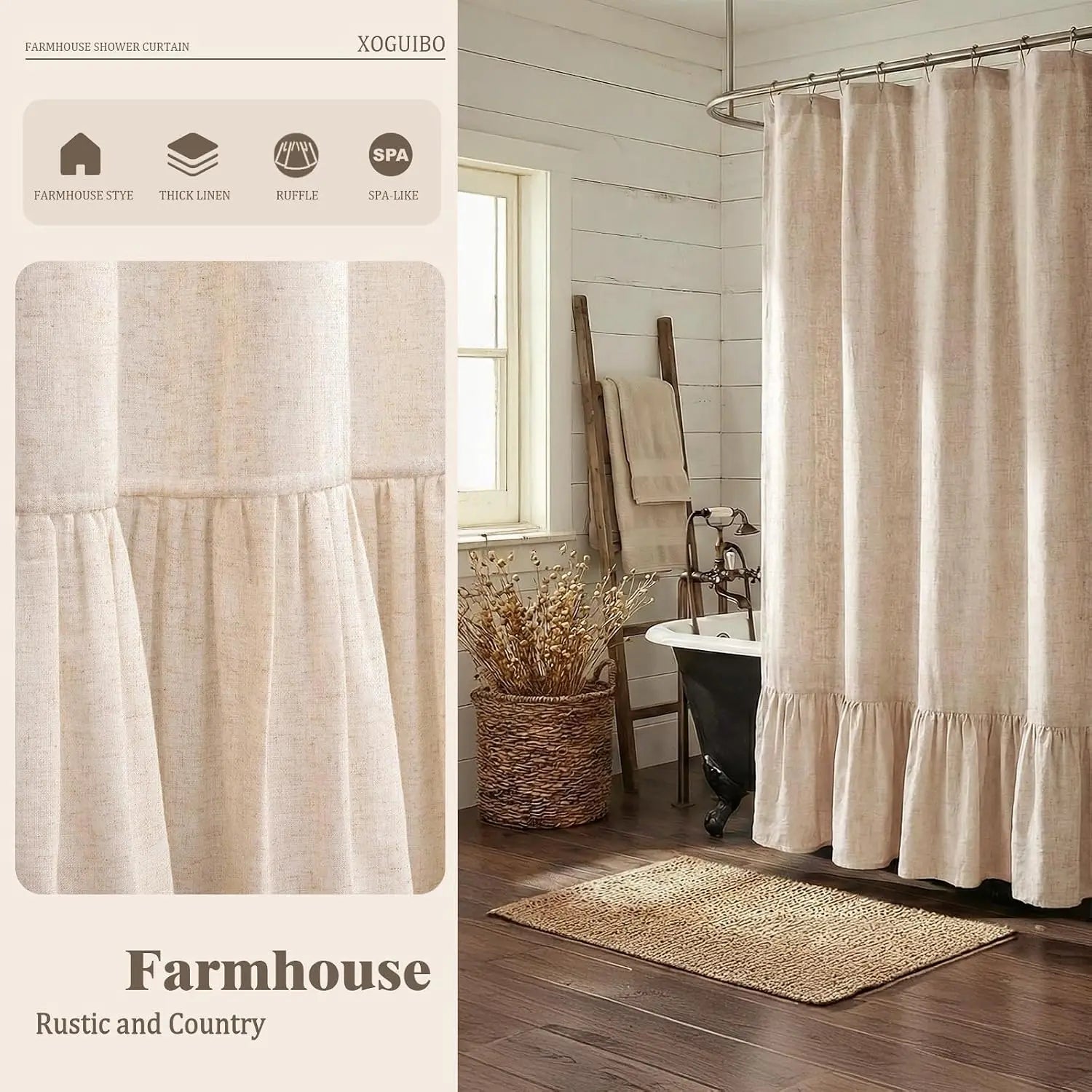 Farmhouse Linen Shower Curtain with Ruffle Hem – Beige Boho Rustic Bathroom Decor, 72" W x 72" L