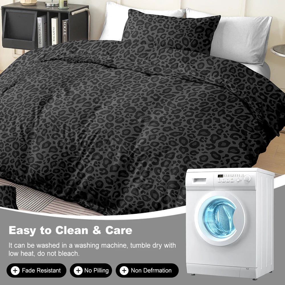 3PCS Black Leopard Print Bedding Set – Soft & Breathable Animal Print Bed Set, Twin/Full/Queen/King, Gift Idea