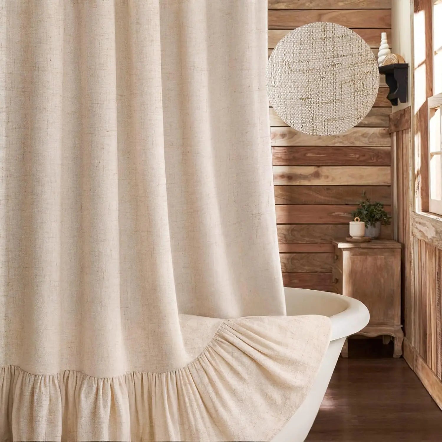 Farmhouse Linen Shower Curtain with Ruffle Hem – Beige Boho Rustic Bathroom Decor, 72" W x 72" L
