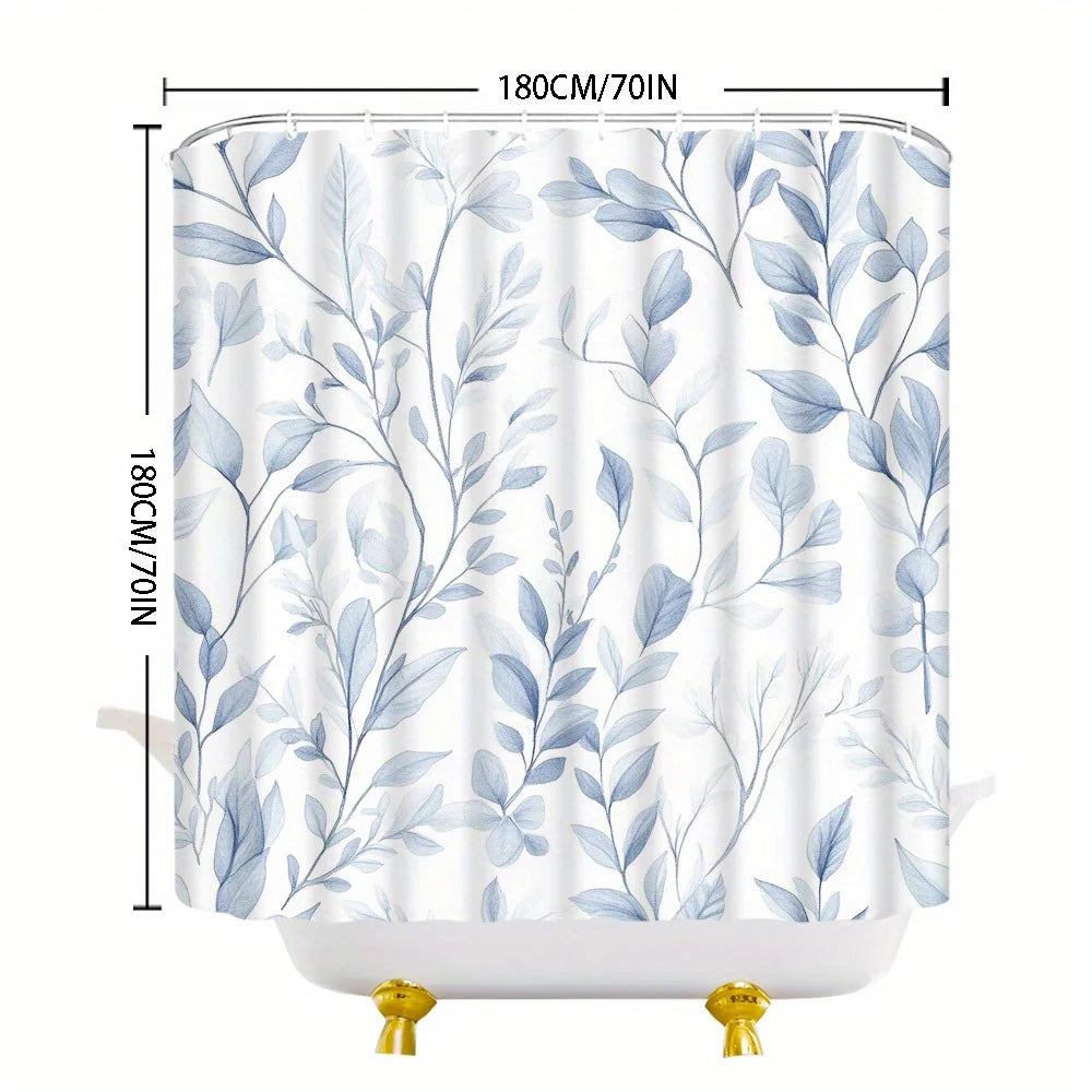 Elegant Blue Watercolor Leaf Shower Curtain – Large Botanical Print, 2D Flat Design, Durable Polyester, 70" x 70"
