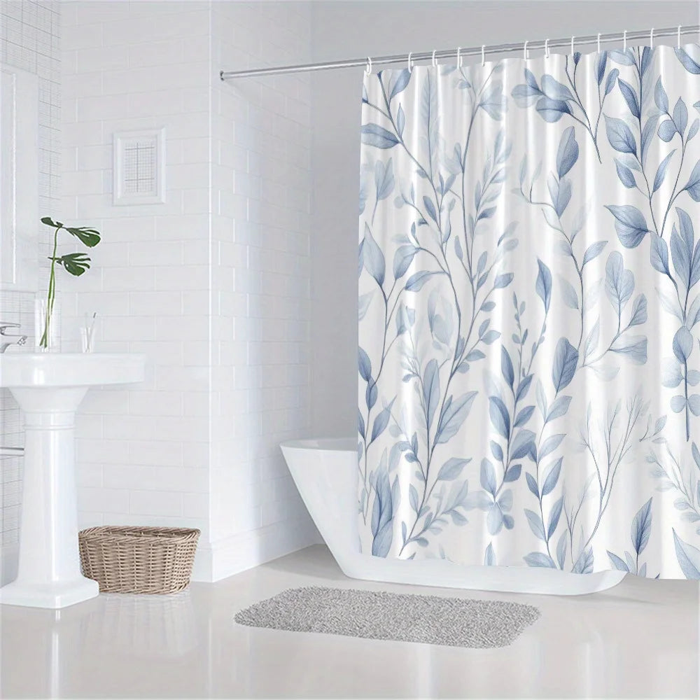 Elegant Blue Watercolor Leaf Shower Curtain – Large Botanical Print, 2D Flat Design, Durable Polyester, 70" x 70"