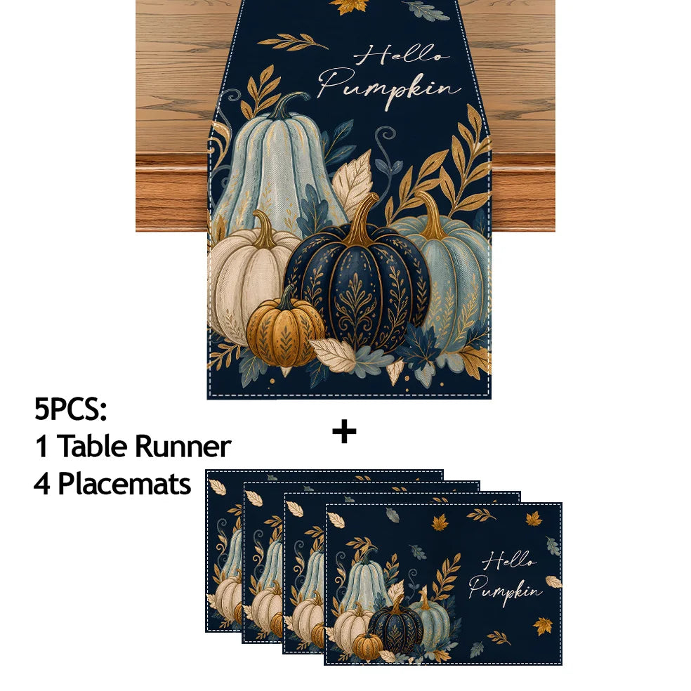 Hello Pumpkin Table Runner & Placemat Set – Available in 1, 4, 5, or 7 pieces. Features elegant navy blue watercolor pumpkins with golden leaf accents, perfect for adding a cozy, stylish touch to your dining table. Ideal for Thanksgiving, fall décor, and