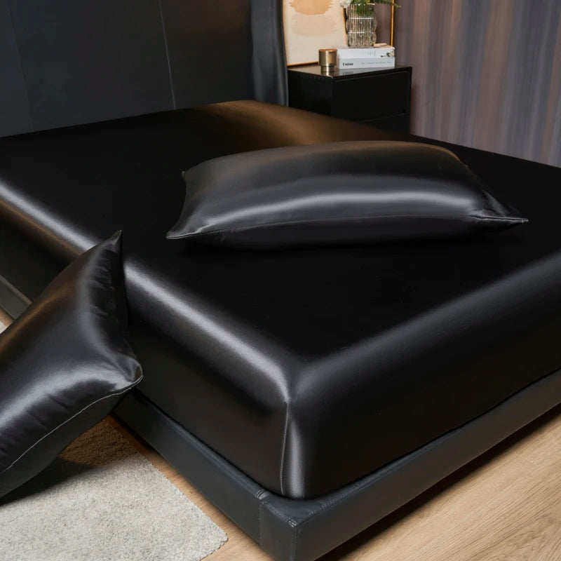 Luxury Satin Fitted Sheet Set - 35cm Height, King/Queen Size, Includes 2 Pillowcases, Timeless Elegance for Discerning Sleep