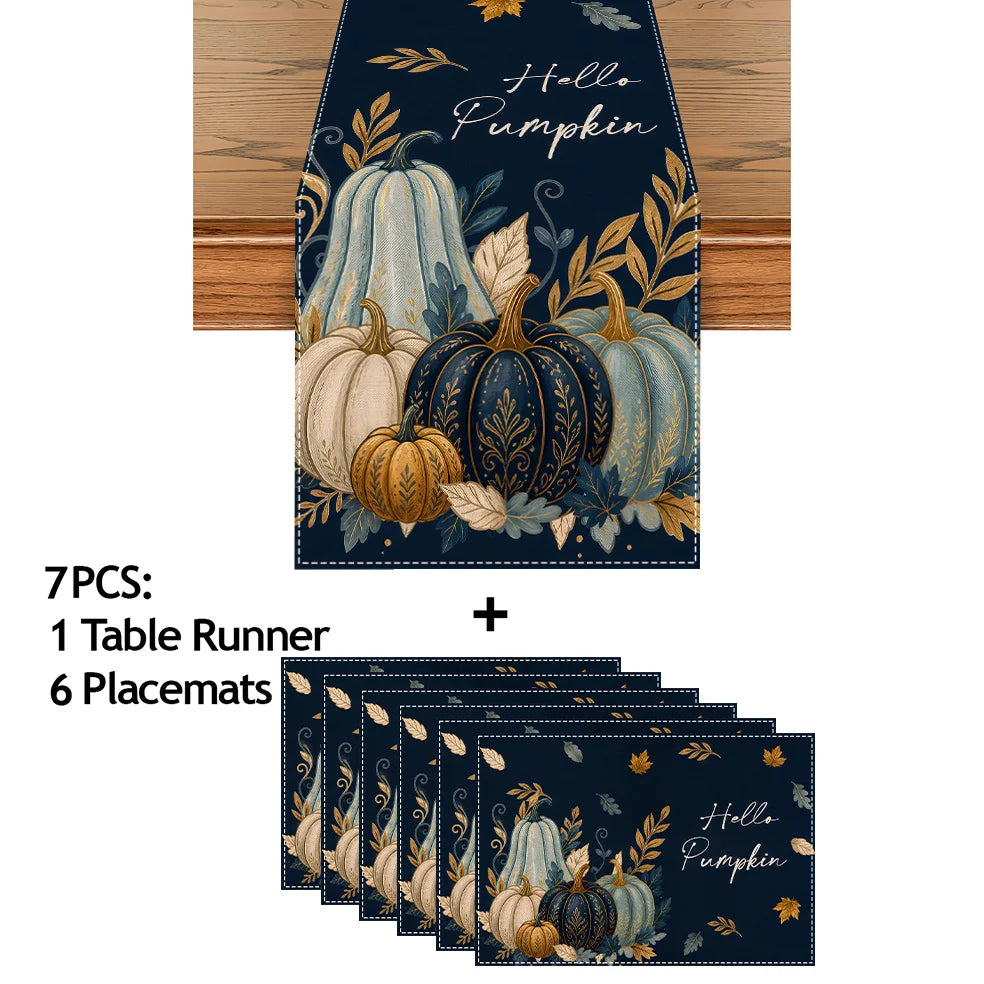 Hello Pumpkin Table Runner & Placemat Set – Available in 1, 4, 5, or 7 pieces. Features elegant navy blue watercolor pumpkins with golden leaf accents, perfect for adding a cozy, stylish touch to your dining table. Ideal for Thanksgiving, fall décor, and