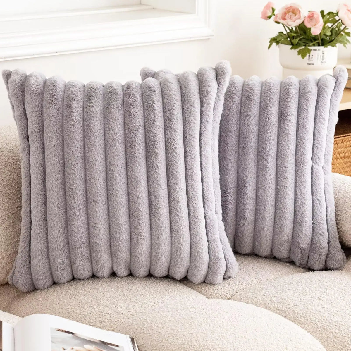 40x40 45x45 Faux Rabbit Fur Square Cushion Cover New Big Thick Striped Super Soft Solid Color Pillow Cover Sofa Decor Pillowcase