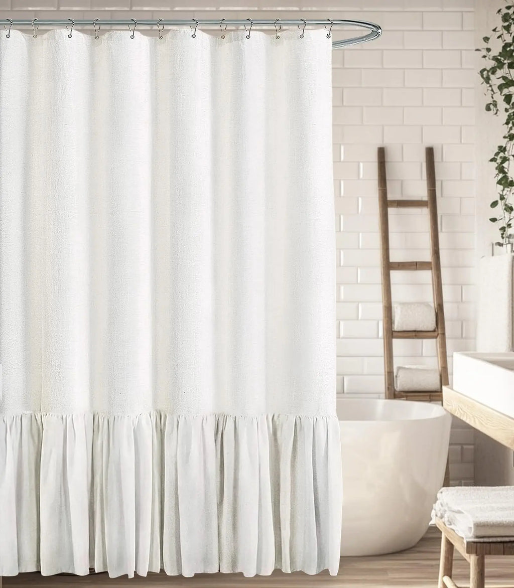 Farmhouse Linen Shower Curtain with Ruffle Hem – Beige Boho Rustic Bathroom Decor, 72" W x 72" L