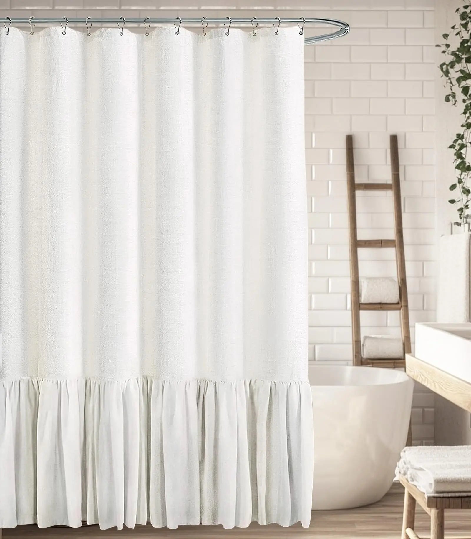 Farmhouse Linen Shower Curtain with Ruffle Hem – Beige Boho Rustic Bathroom Decor, 72" W x 72" L