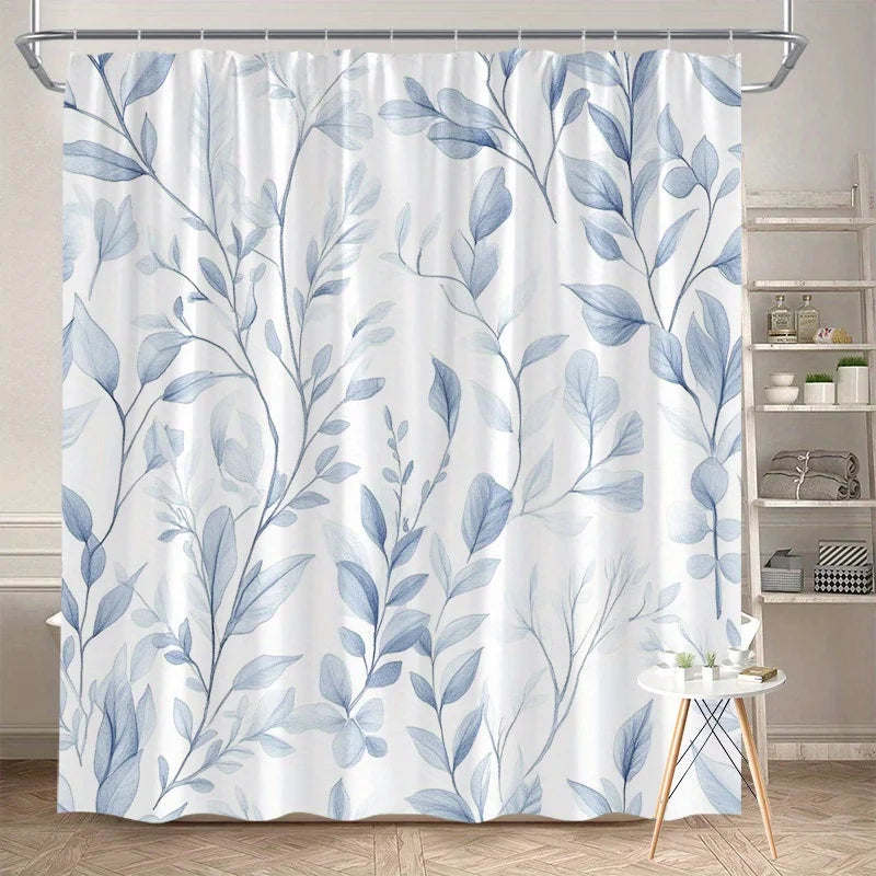 Elegant Blue Watercolor Leaf Shower Curtain – Large Botanical Print, 2D Flat Design, Durable Polyester, 70" x 70"