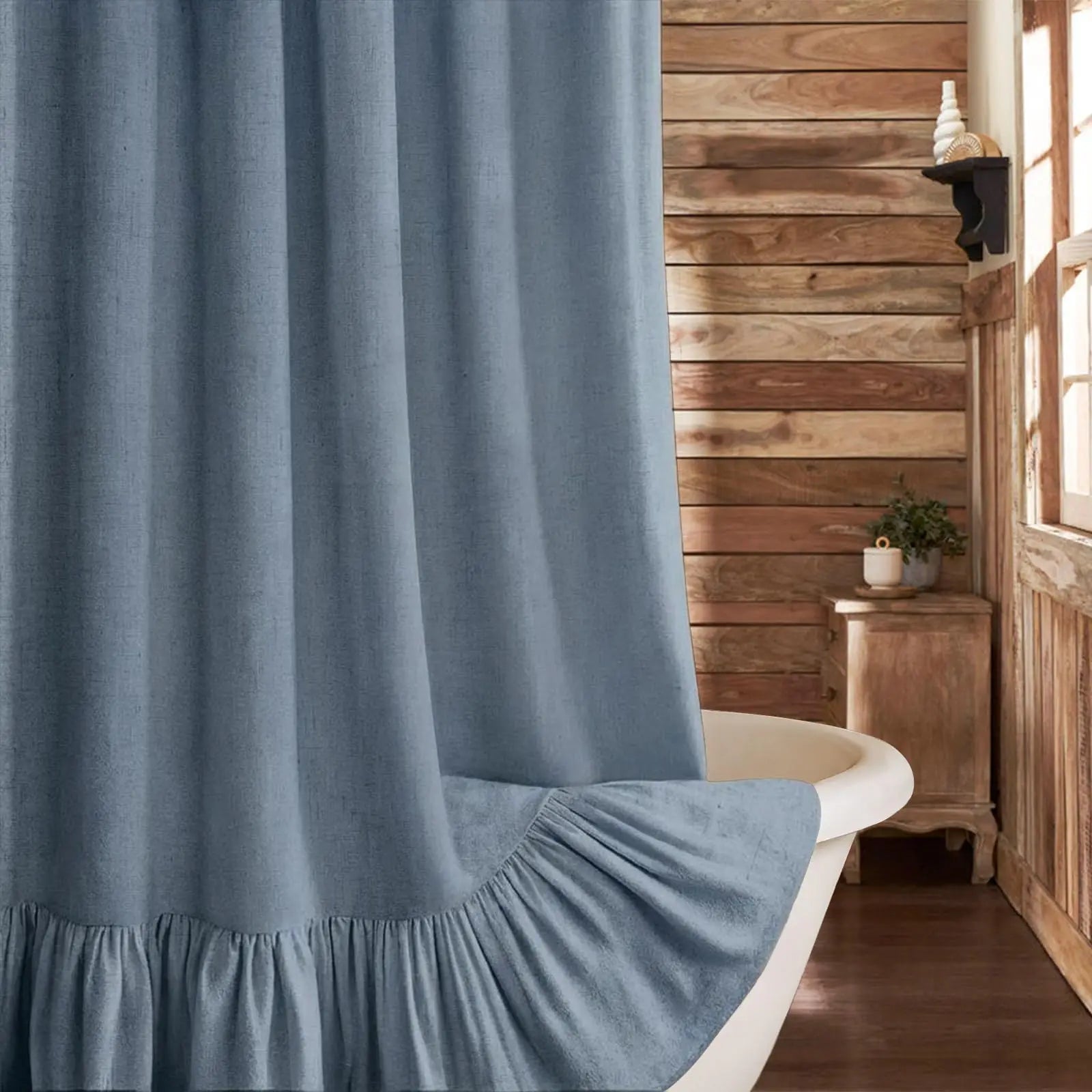 Farmhouse Linen Shower Curtain with Ruffle Hem – Beige Boho Rustic Bathroom Decor, 72" W x 72" L