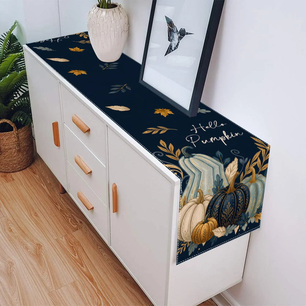 Hello Pumpkin Table Runner & Placemat Set – Available in 1, 4, 5, or 7 pieces. Features elegant navy blue watercolor pumpkins with golden leaf accents, perfect for adding a cozy, stylish touch to your dining table. Ideal for Thanksgiving, fall décor, and