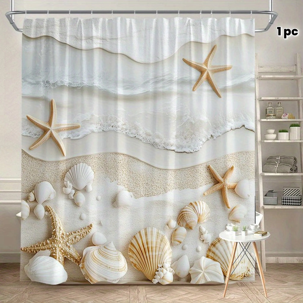 Elegant Coastal Shower Curtain with Beach Waves, Starfish & Seashells – 3D Print Waterproof Bathroom Decor