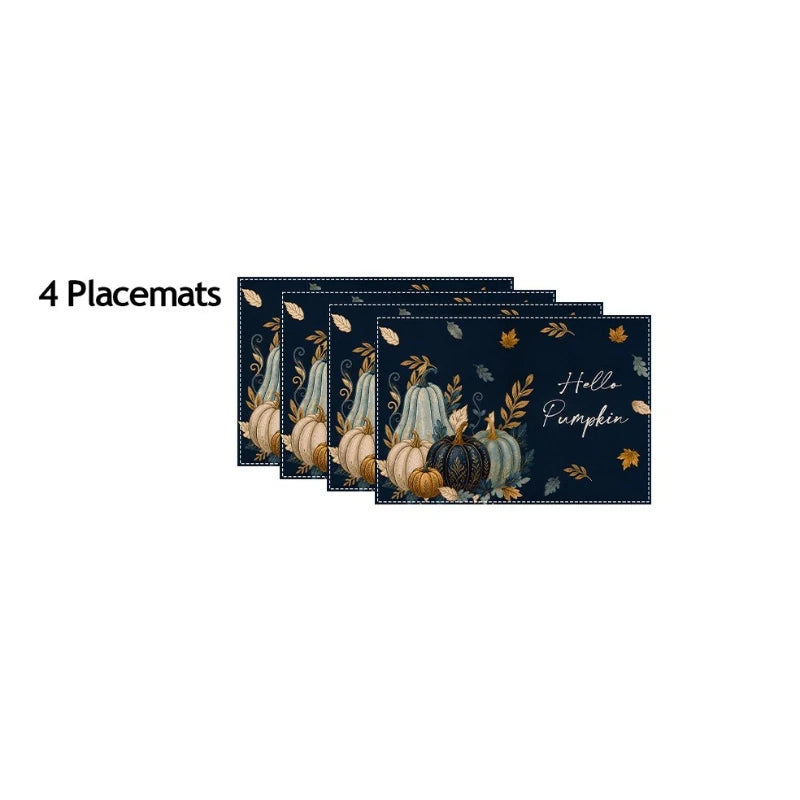 Hello Pumpkin Table Runner & Placemat Set – Available in 1, 4, 5, or 7 pieces. Features elegant navy blue watercolor pumpkins with golden leaf accents, perfect for adding a cozy, stylish touch to your dining table. Ideal for Thanksgiving, fall décor, and