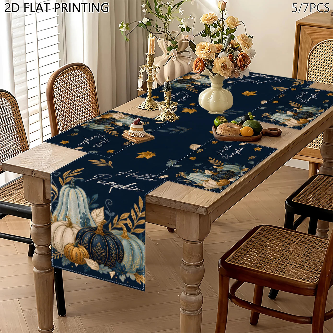 Hello Pumpkin Table Runner & Placemat Set – Available in 1, 4, 5, or 7 pieces. Features elegant navy blue watercolor pumpkins with golden leaf accents, perfect for adding a cozy, stylish touch to your dining table. Ideal for Thanksgiving, fall décor, and