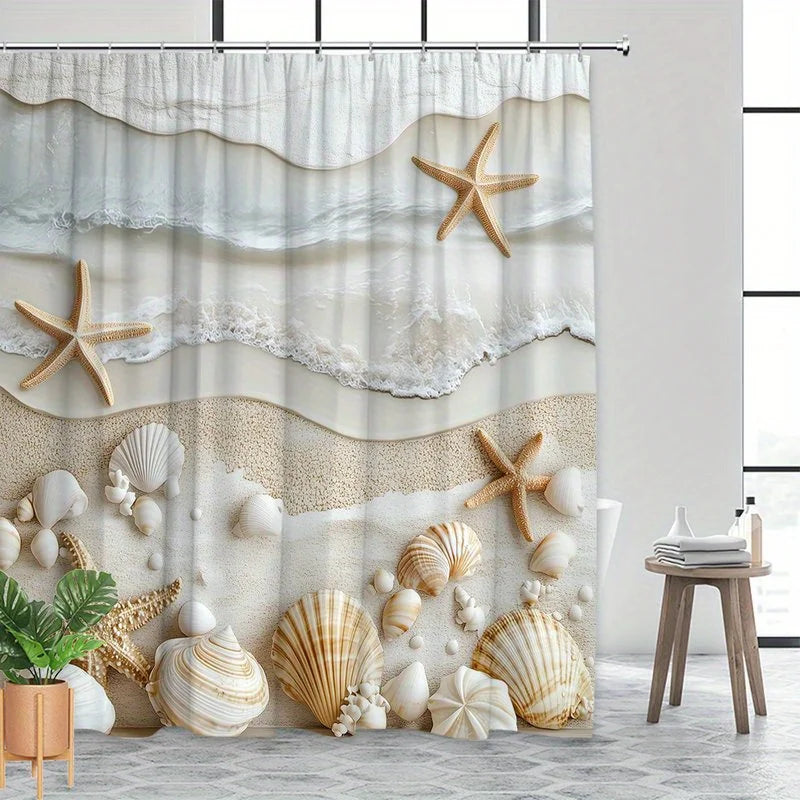 Elegant Coastal Shower Curtain with Beach Waves, Starfish & Seashells – 3D Print Waterproof Bathroom Decor
