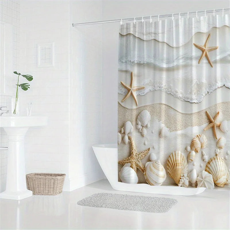 Elegant Coastal Shower Curtain with Beach Waves, Starfish & Seashells – 3D Print Waterproof Bathroom Decor