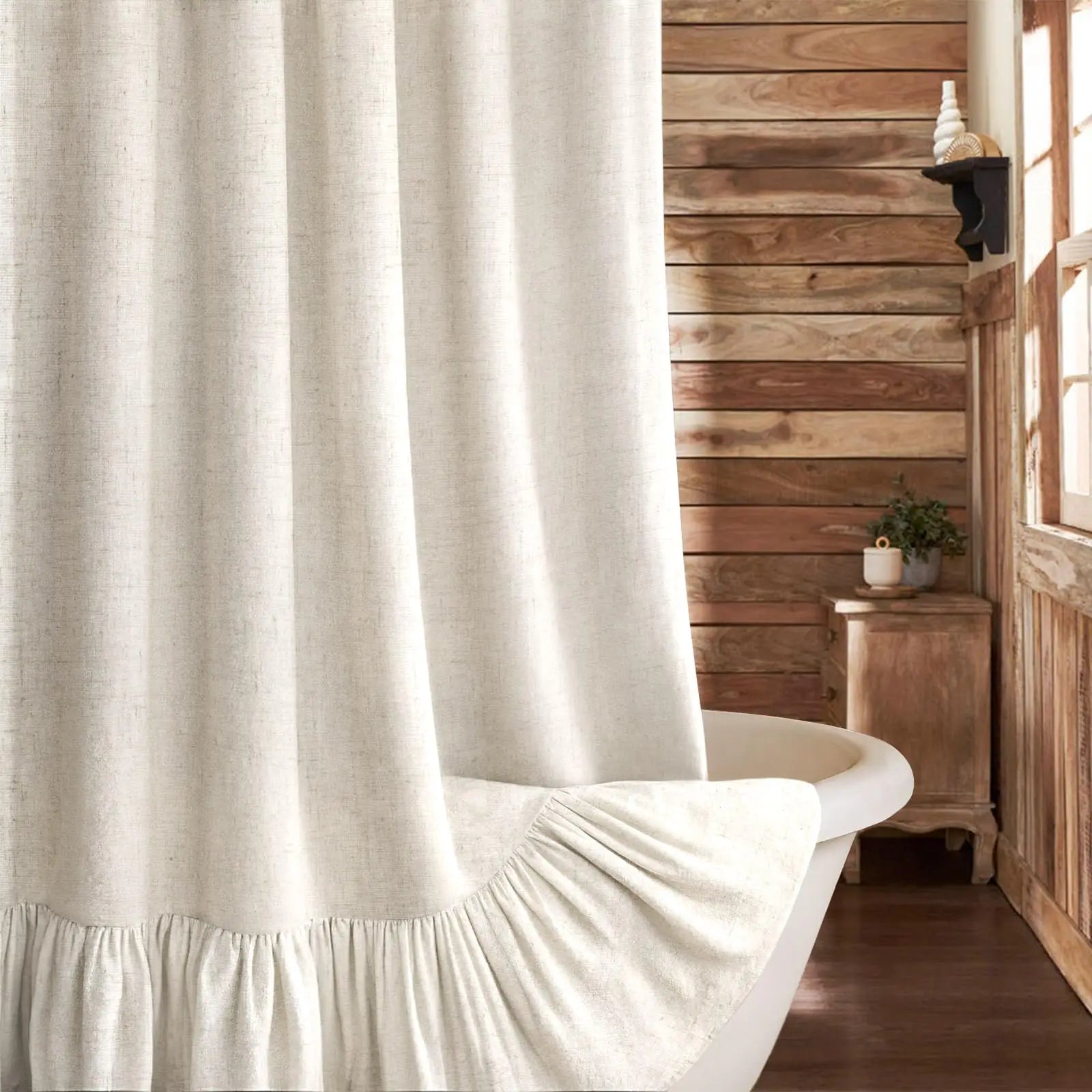 Farmhouse Linen Shower Curtain with Ruffle Hem – Beige Boho Rustic Bathroom Decor, 72" W x 72" L