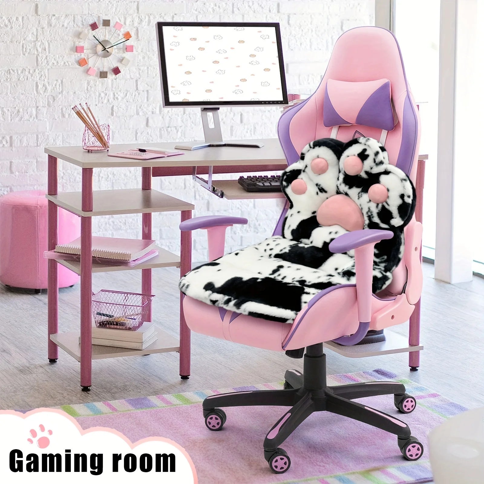 L-Shape Cat Paw Cushion, Soft Chair Pillow Kawaii Chair Cushions, Faux Rabbit Fur Gaming Chair Cushion for Gamer Girl Gifts