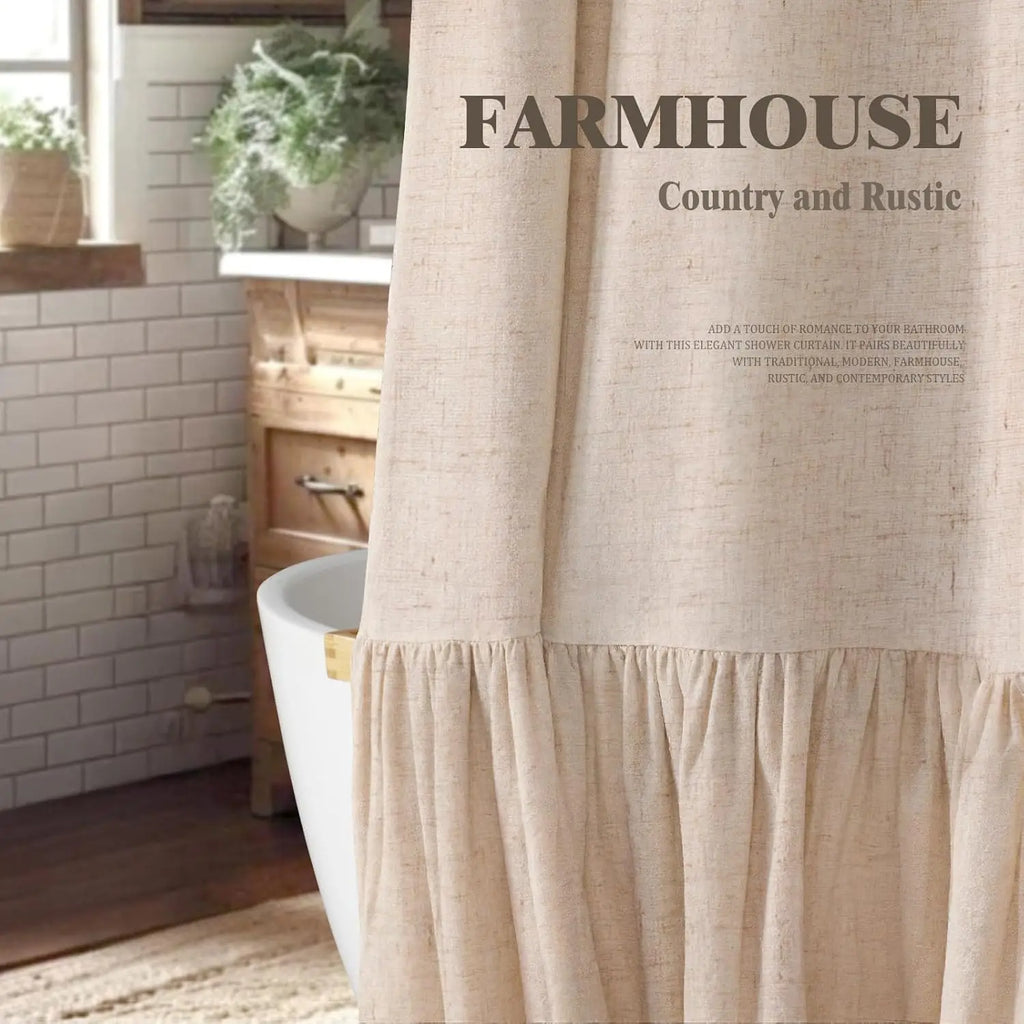 Farmhouse Linen Shower Curtain with Ruffle Hem – Beige Boho Rustic Bathroom Decor, 72" W x 72" L