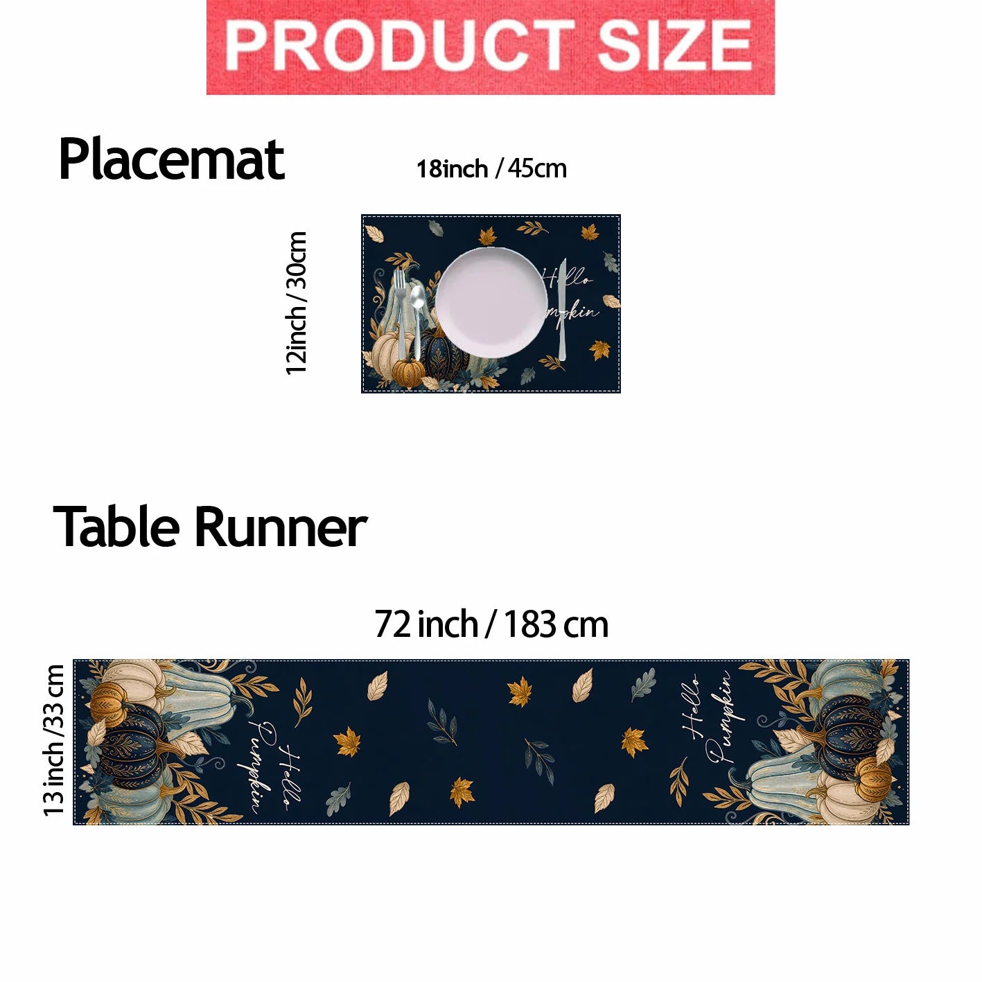 Hello Pumpkin Table Runner & Placemat Set – Available in 1, 4, 5, or 7 pieces. Features elegant navy blue watercolor pumpkins with golden leaf accents, perfect for adding a cozy, stylish touch to your dining table. Ideal for Thanksgiving, fall décor, and