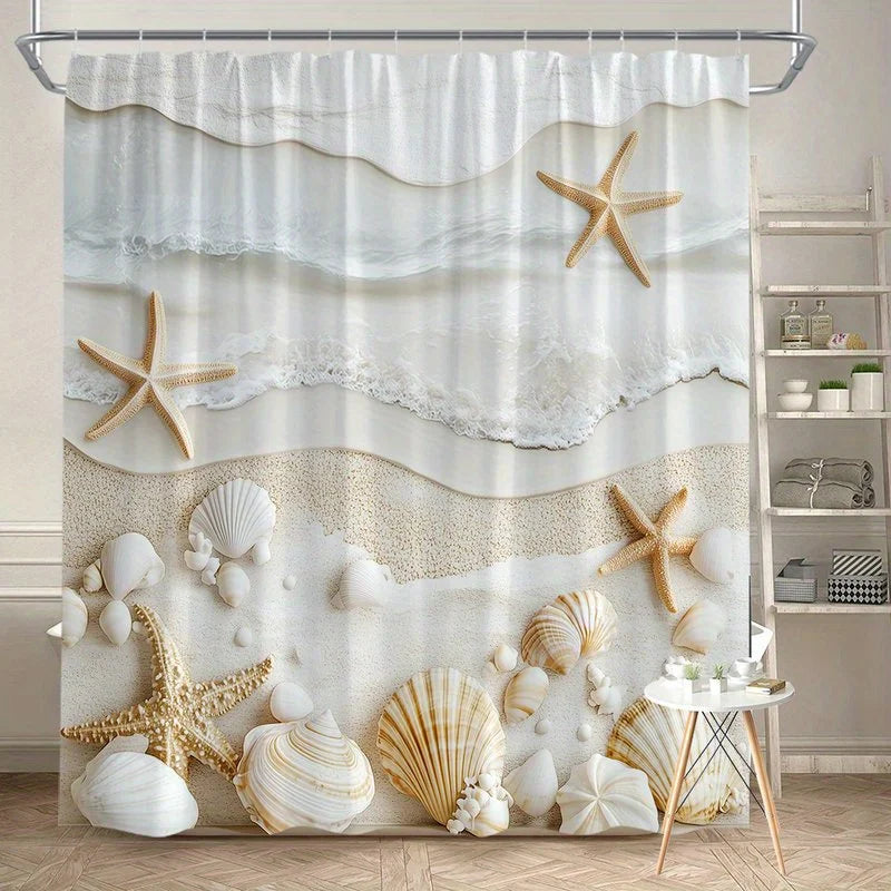 Elegant Coastal Shower Curtain with Beach Waves, Starfish & Seashells – 3D Print Waterproof Bathroom Decor