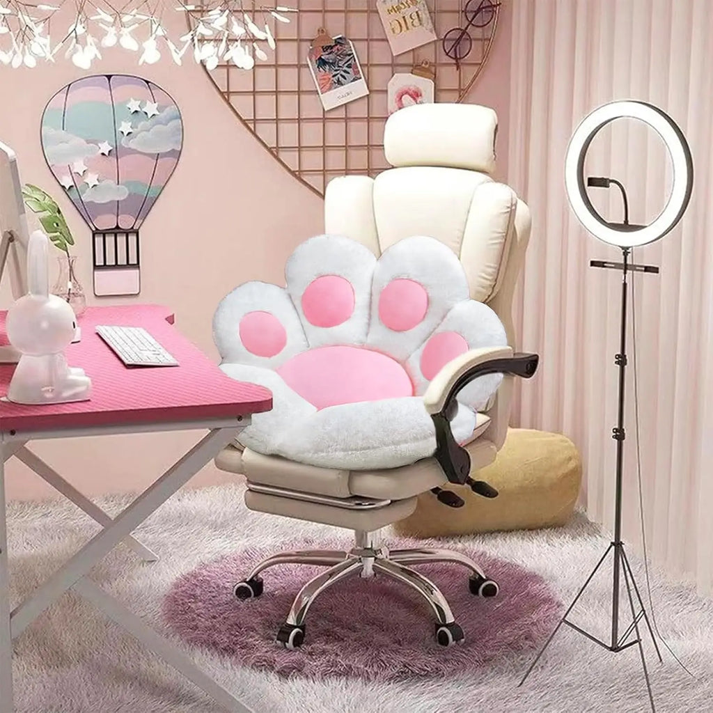 Cat Paw Plush Seat Cushion 28"x24" Kawaii Gaming Chair Pillow for Gamer Girl, Worker & Room Decor (White)