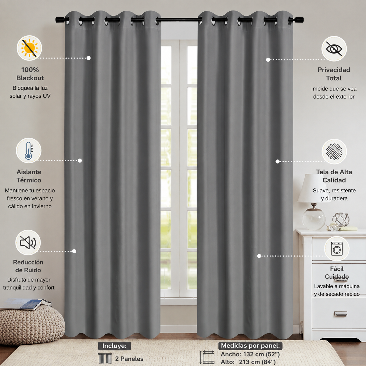 2pcs Modern 100% Blackout Curtain with Coated Lining, Curains for Bedroom, Living Room, Dining Room, Bathroom, Home Decor
