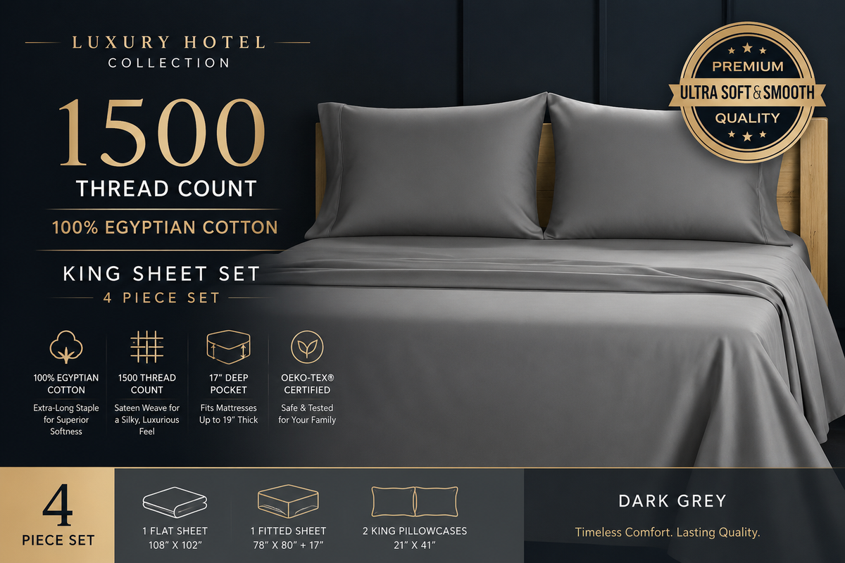 Luxury 100% Egyptian Cotton King Sheet Set – 1500 Series | 4-Piece Bedding Set | Deep Pocket Fits Mattresses Up to 17" | Ultra Soft, Breathable & Hotel Quality | Dark Grey
